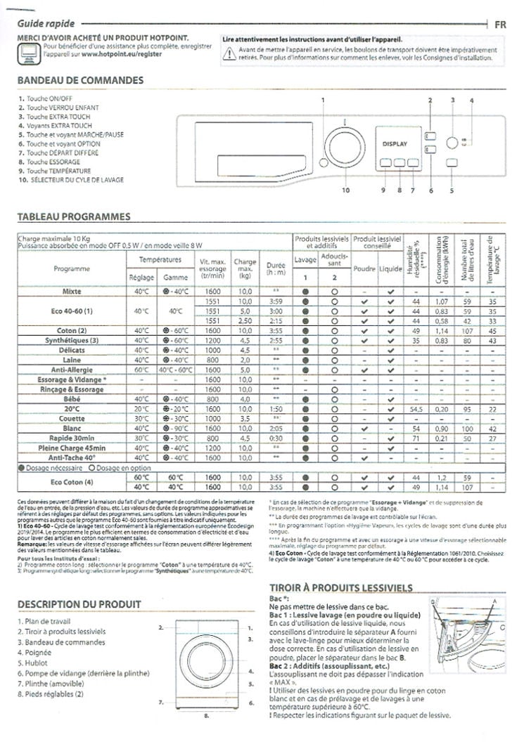 Machine à Laver Hotpoint Ariston 10 Kg Notice Fonctionnement lave linge Hotpoint Ariston